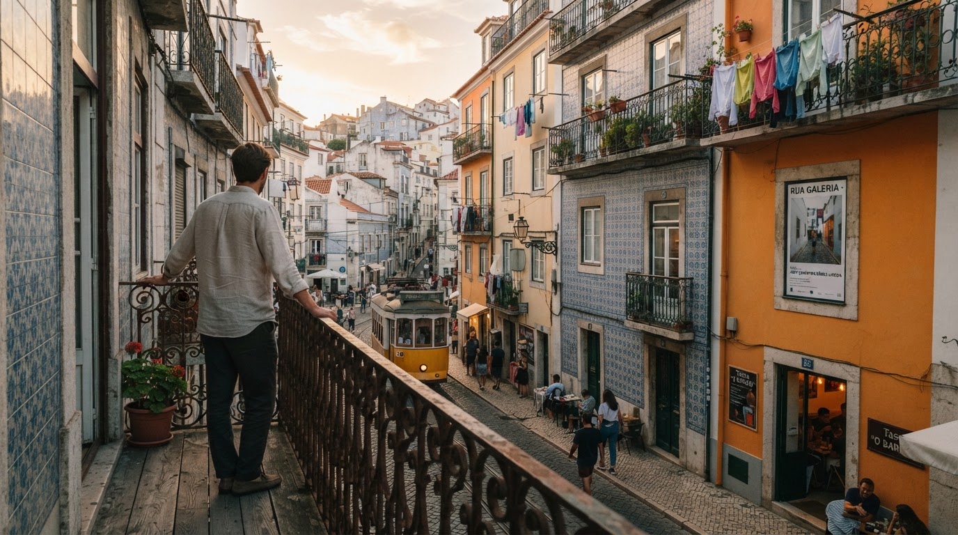 Elétrico e rua de Lisboa vistos de uma varanda