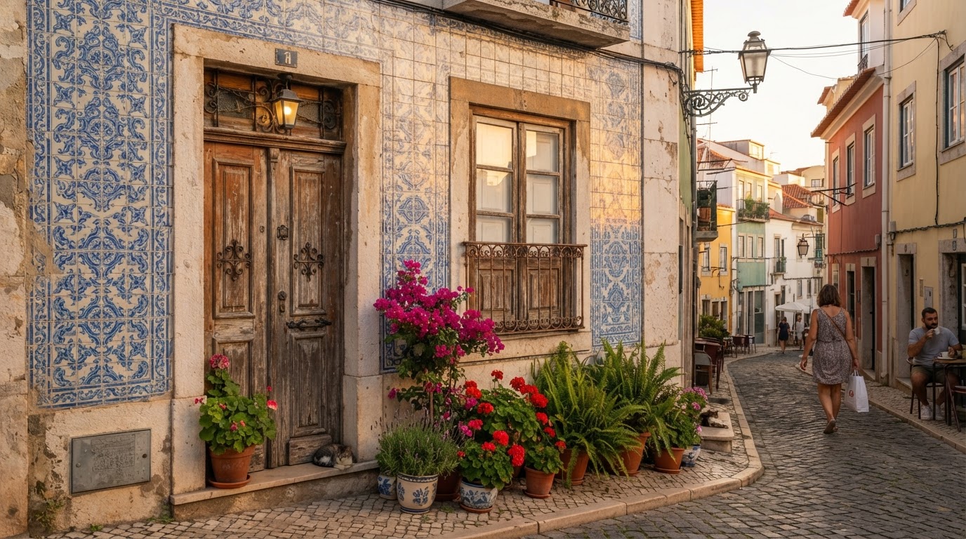 Azulejos, porta antiga e flores numa rua portuguesa